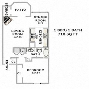 Floor plan for 1 bed, 1 bath, 710 sqft